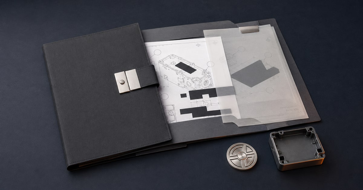 Layered confidential engineering drawing package, generic hardware sample and physical access token on a dark work surface