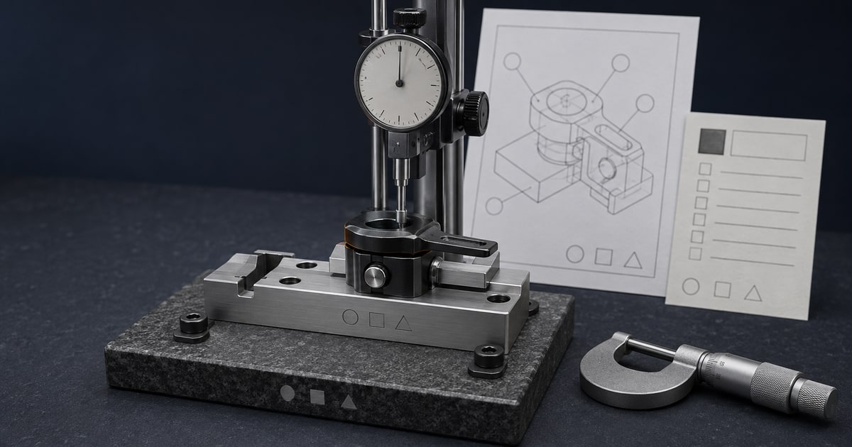 Production-intent enclosure latch in a measurement fixture with a height gauge, micrometer and abstract inspection record