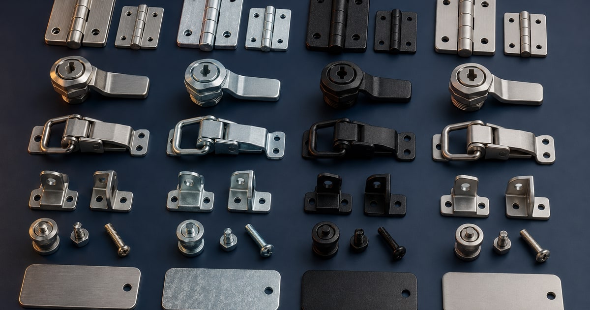 Generic hinges, latches, brackets and fasteners grouped as brushed stainless, zinc-plated, black powder-coated and passivated finish samples