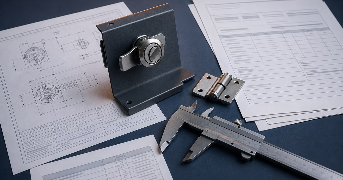 Generic enclosure hardware, caliper, controlled drawing, inspection sheet and unbranded quotation tables arranged for supplier comparison