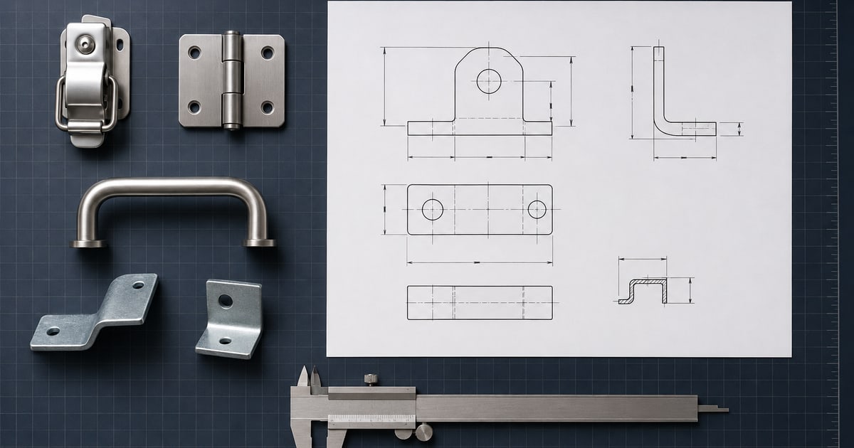 Engineering workbench with enclosure hardware samples, a caliper and an anonymous technical drawing