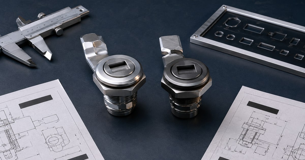 Two similar generic quarter-turn latches with different interfaces, a caliper, gauge and abstract drawings arranged for equivalent-part review