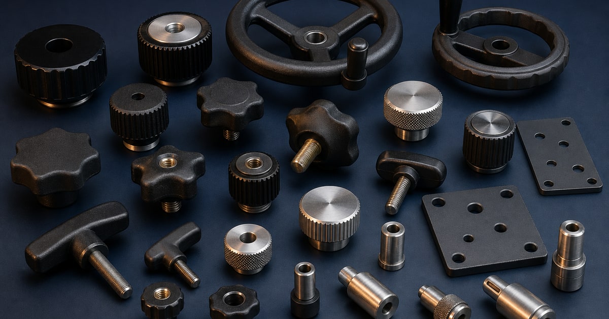 Industrial control knobs, clamping knobs and compact handwheels shown with shaft and threaded mounting samples