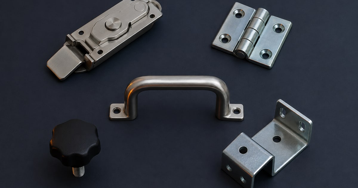 Assorted industrial enclosure latch, hinge, pull handle, knob and formed metal bracket arranged on a dark work surface