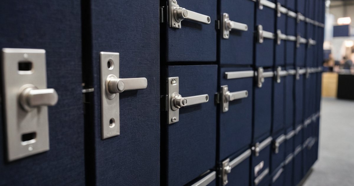 Generic trade fair display wall with rows of unbranded stainless steel cabinet latches and lever handles on dark navy panels