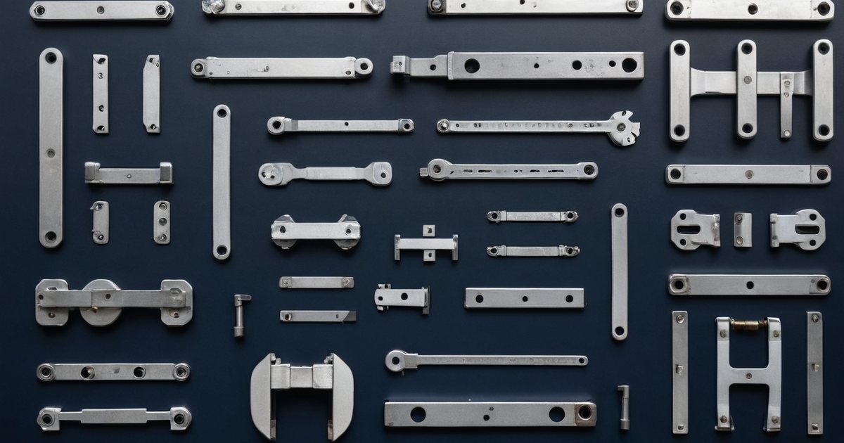 Generic stamped and formed steel hardware parts laid out in rows on a dark navy surface